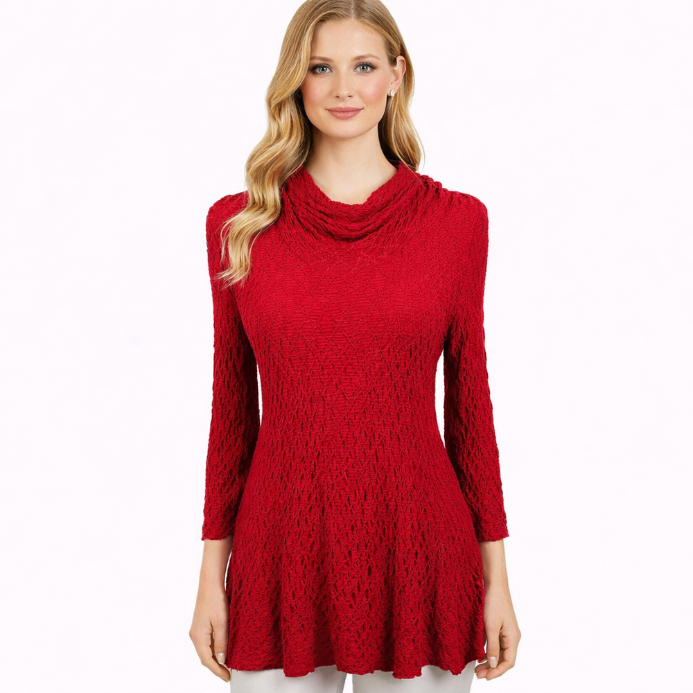 Snoskins Red Textured Puckered Tunic Top Stretch Knit Artsy A-Line Cowl Size M